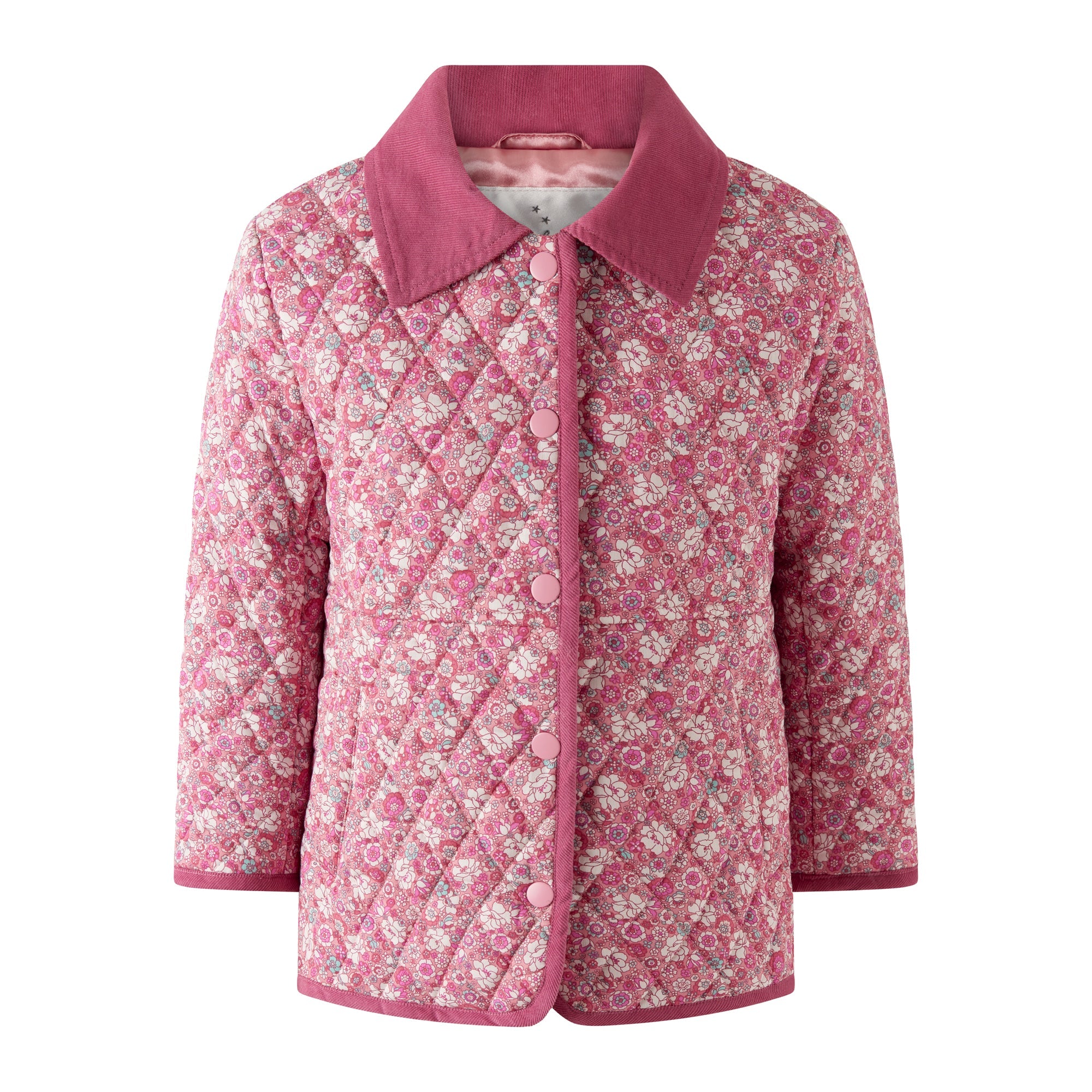 Rachel Riley English Garden Quilted Jacket in pink floral with corduroy collar