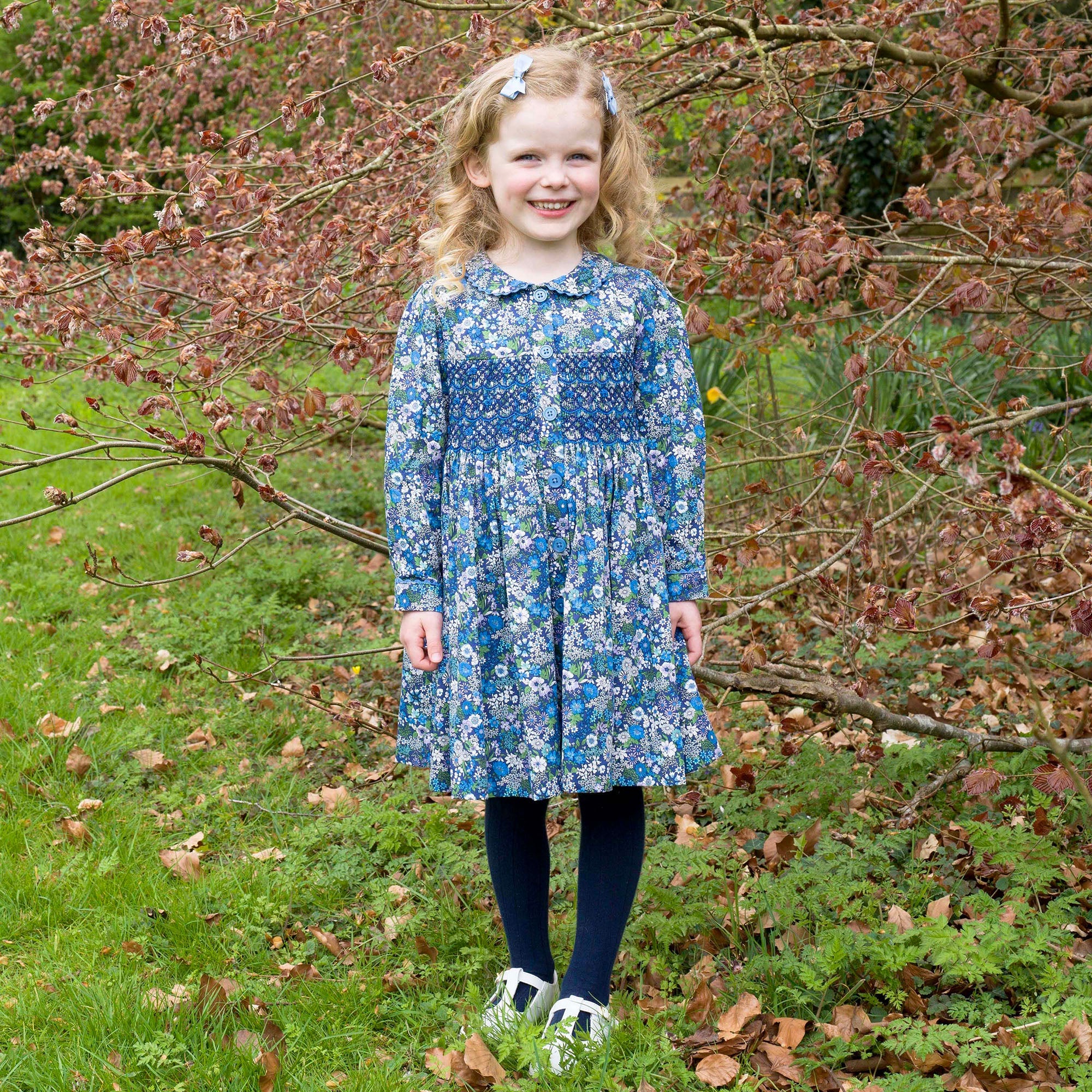 Rachel Riley navy Dahlia smocked button-front dress, styled view