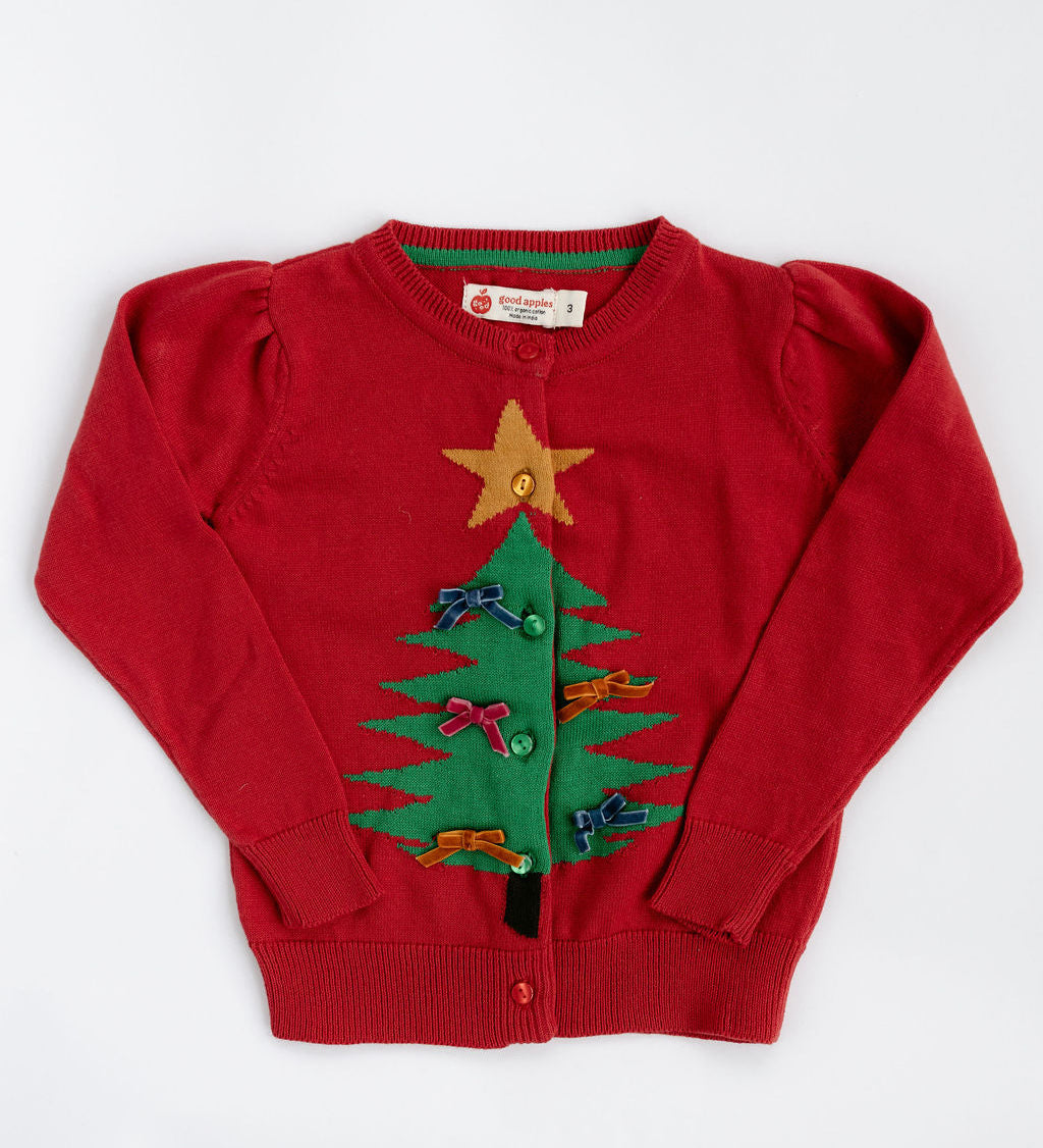 Good Apples red Christmas tree cardigan with gold star and bow ornaments