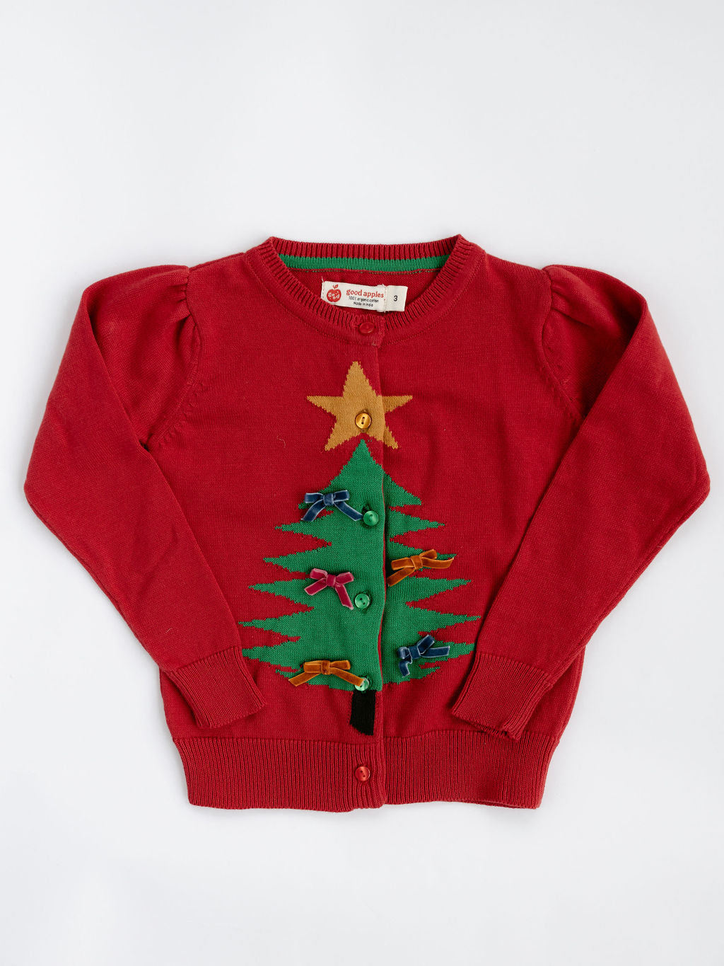 Good Apples red Christmas tree cardigan with gold star and bow ornaments