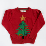 Good Apples red Christmas tree cardigan with gold star and bow ornaments