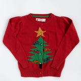 Good Apples red Christmas tree cardigan with gold star and bow ornaments