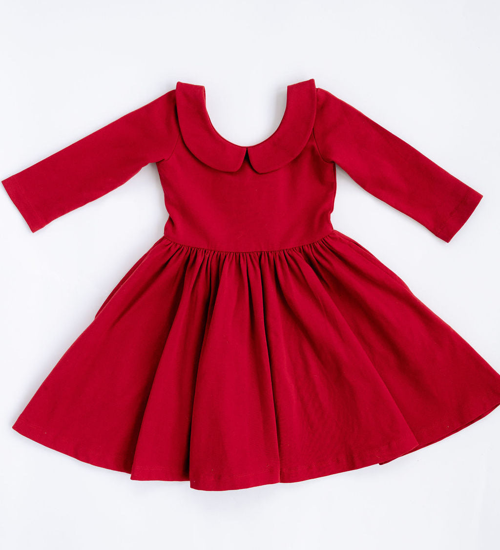 Good Apples 3/4 sleeve twirl dress in solid classic red with Peter Pan collar