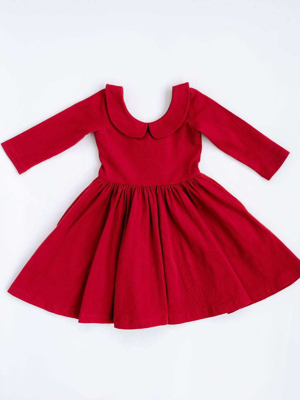 Good Apples 3/4 sleeve twirl dress in solid classic red with Peter Pan collar