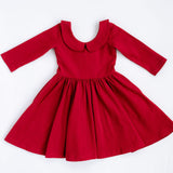 Good Apples 3/4 sleeve twirl dress in solid classic red with Peter Pan collar