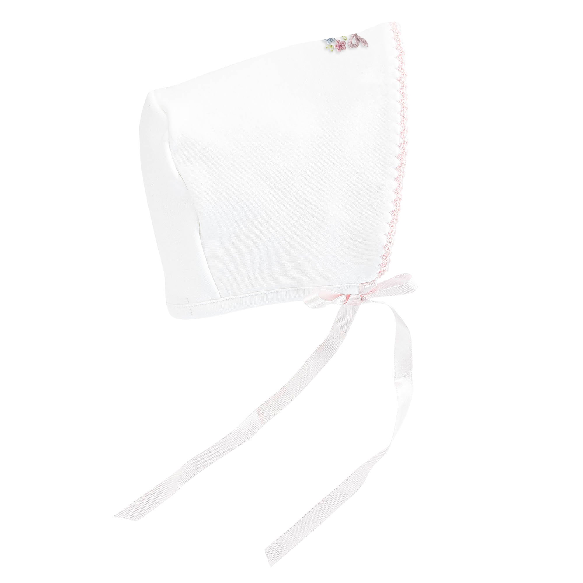 Baby Club Chic sweet bows embroidered pima bonnet with crochet trim in pink