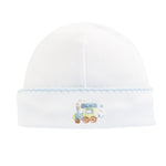 Baby Club Chic little train embroidered pima round hat with crochet trim in light blue