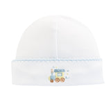 Baby Club Chic little train embroidered pima round hat with crochet trim in light blue
