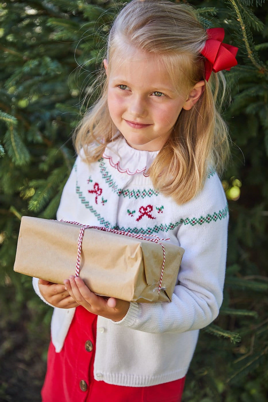 Little English Holiday Bow Fair Isle Cardigan styled