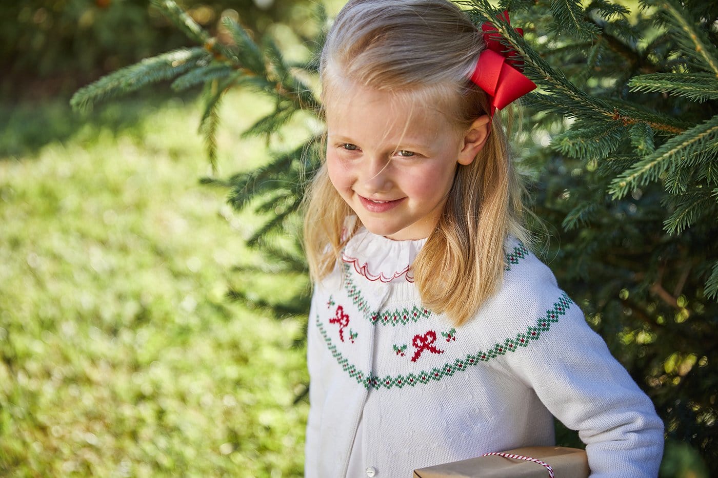 Little English Holiday Bow Fair Isle Cardigan styled