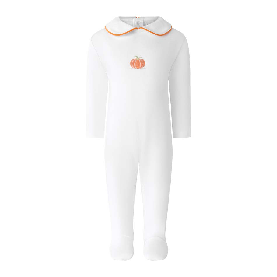 Rachel Riley ivory Pima cotton babygro with an embroidered pumpkin and orange-piped Peter Pan collar