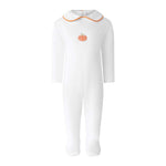 Rachel Riley ivory Pima cotton babygro with an embroidered pumpkin and orange-piped Peter Pan collar