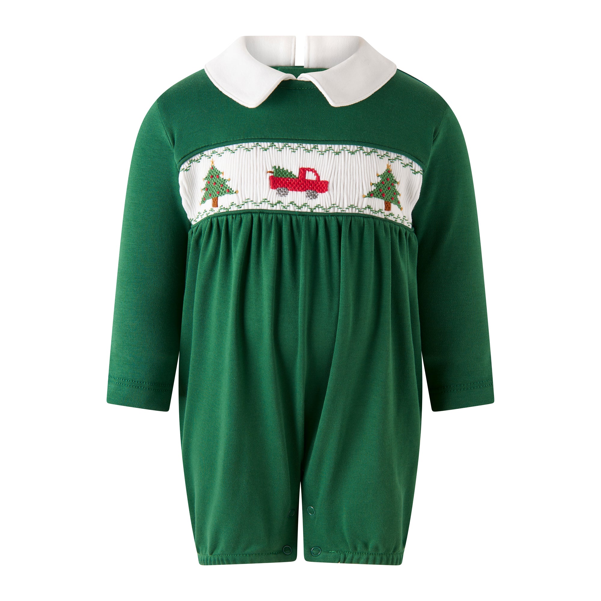 Rachel Riley green Christmas tree smocked babysuit