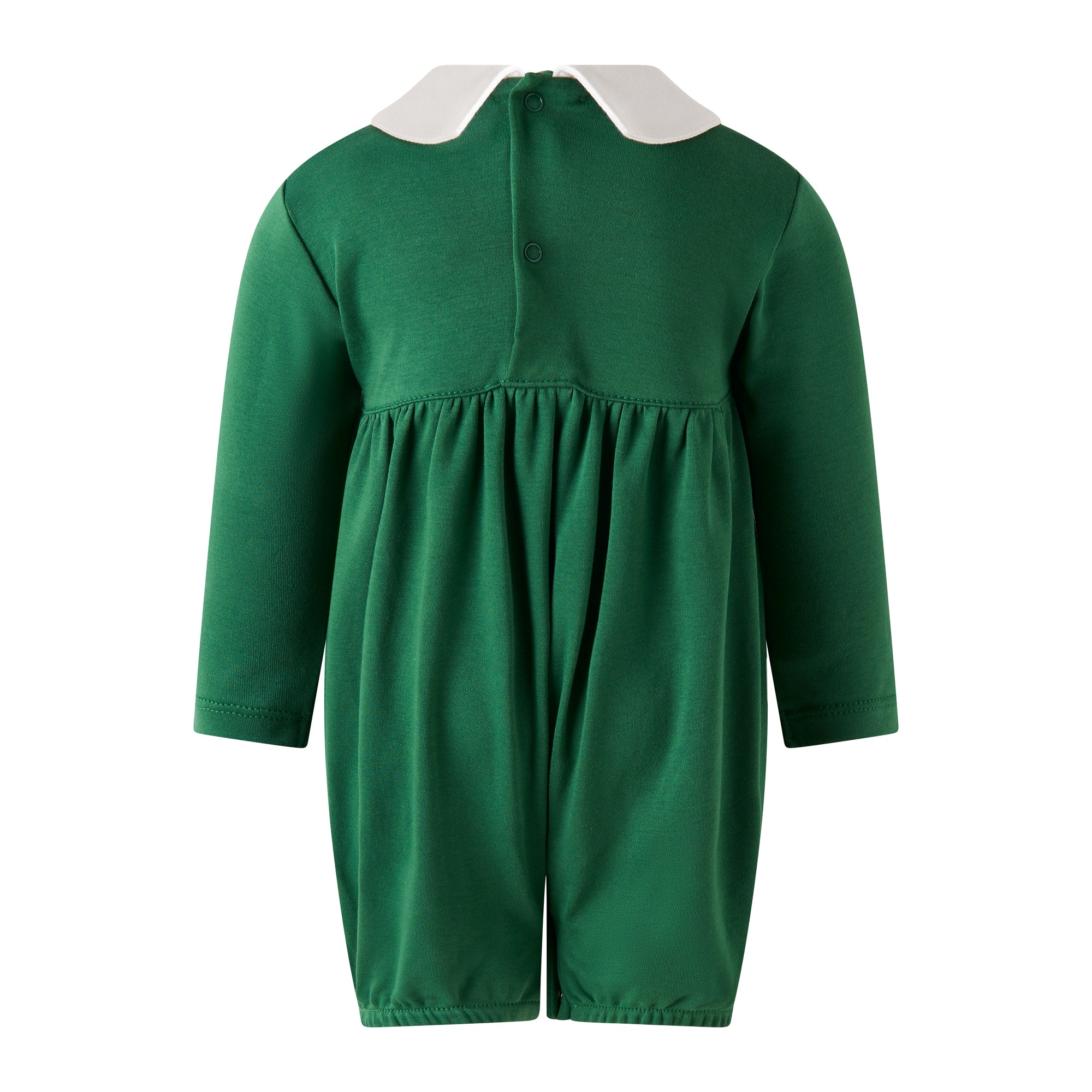 Back of Rachel Riley Christmas tree smocked babysuit