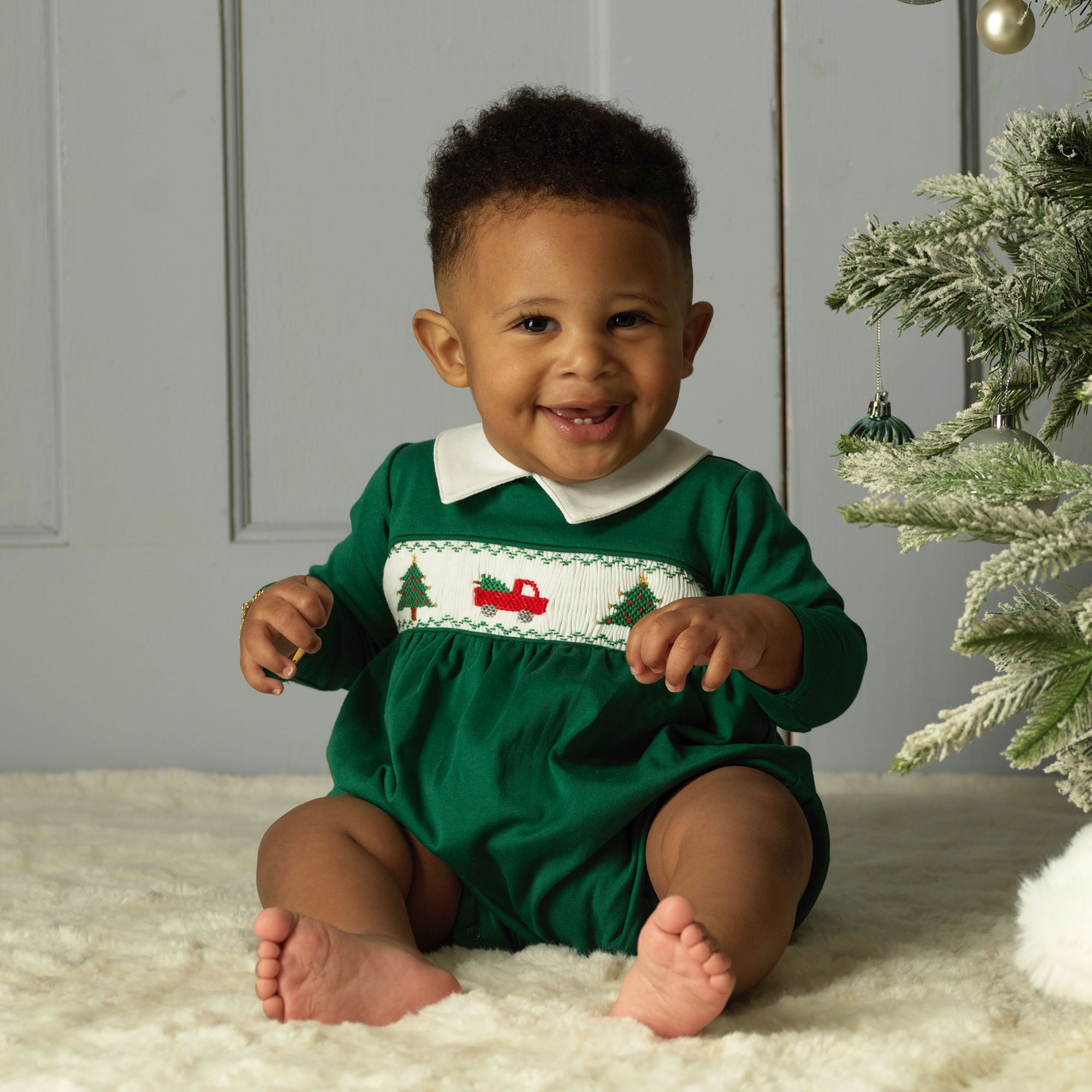 Rachel Riley Christmas tree smocked babysuit, alternate view