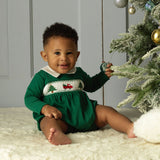 Rachel Riley Christmas tree smocked babysuit, detail view