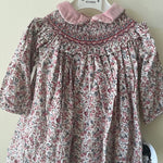 Floral Smocked Bishop with Velvet Collar - Rose