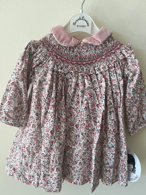 Floral Smocked Bishop with Velvet Collar - Rose