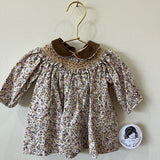 Floral Smocked Bishop with Velvet Collar- Gold