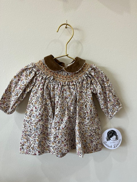 Floral Smocked Bishop with Velvet Collar- Gold