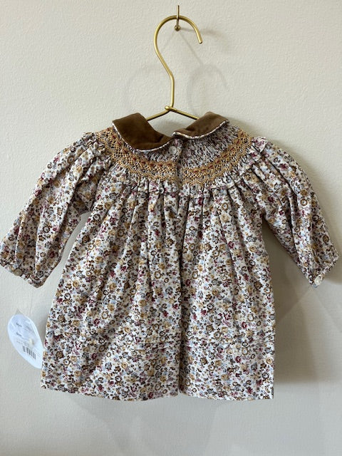 Floral Smocked Bishop with Velvet Collar- Gold