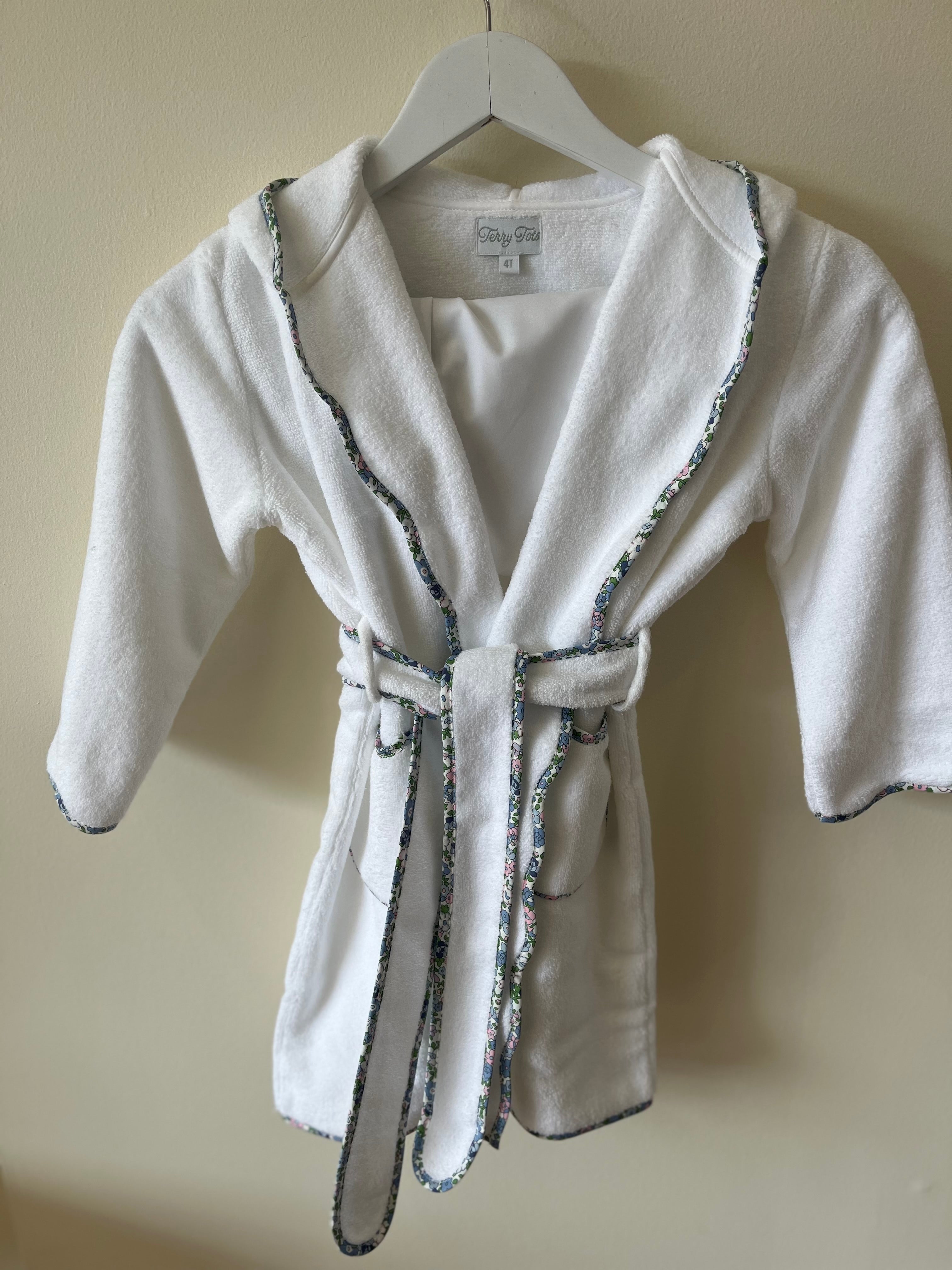 Bathrobe - White w/ Hood & Blue Floral Trim