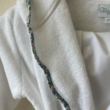 Bathrobe - White w/ Hood & Blue Floral Trim