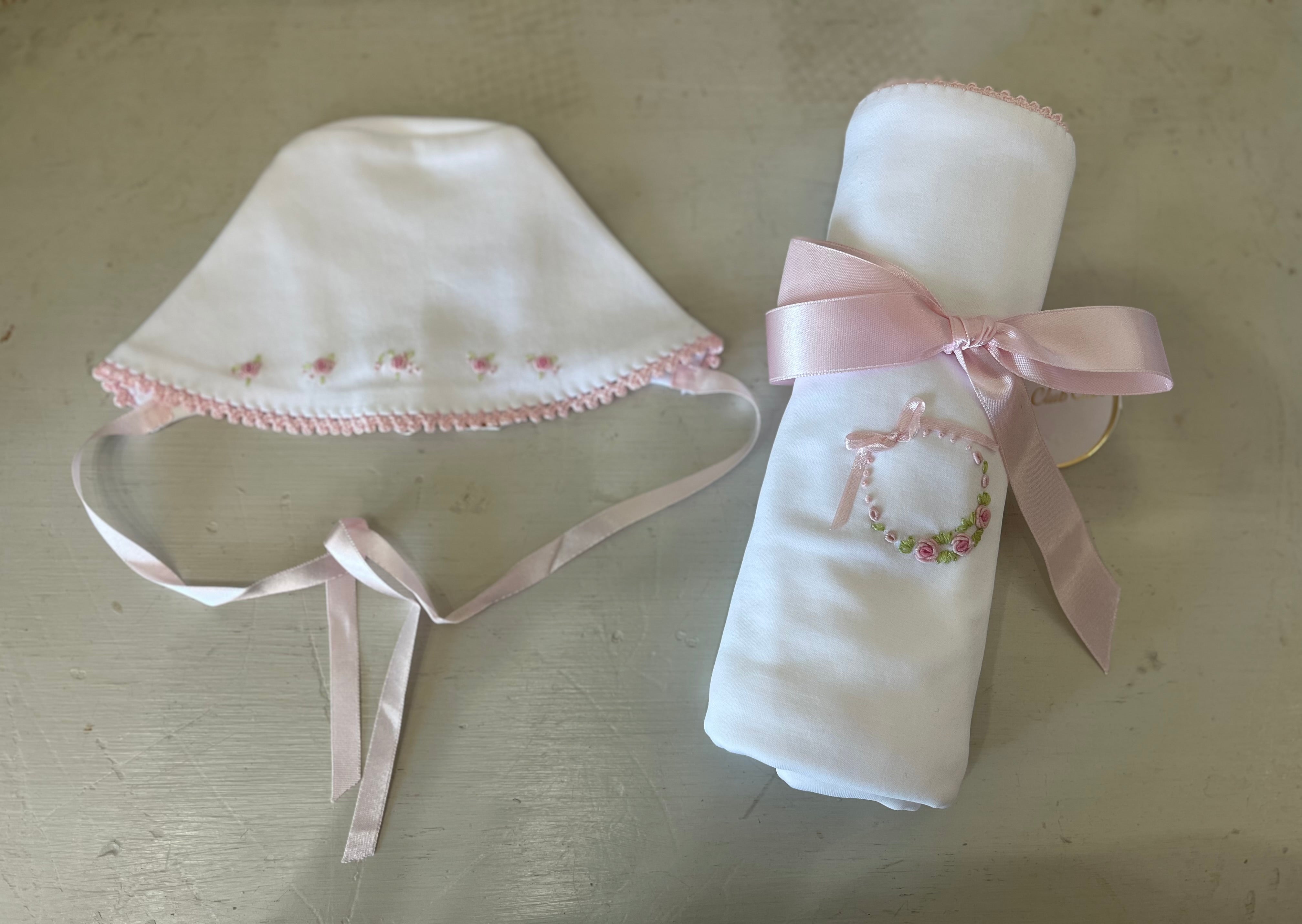 Bows And Roses Receiving Blanket With Crochet Trim