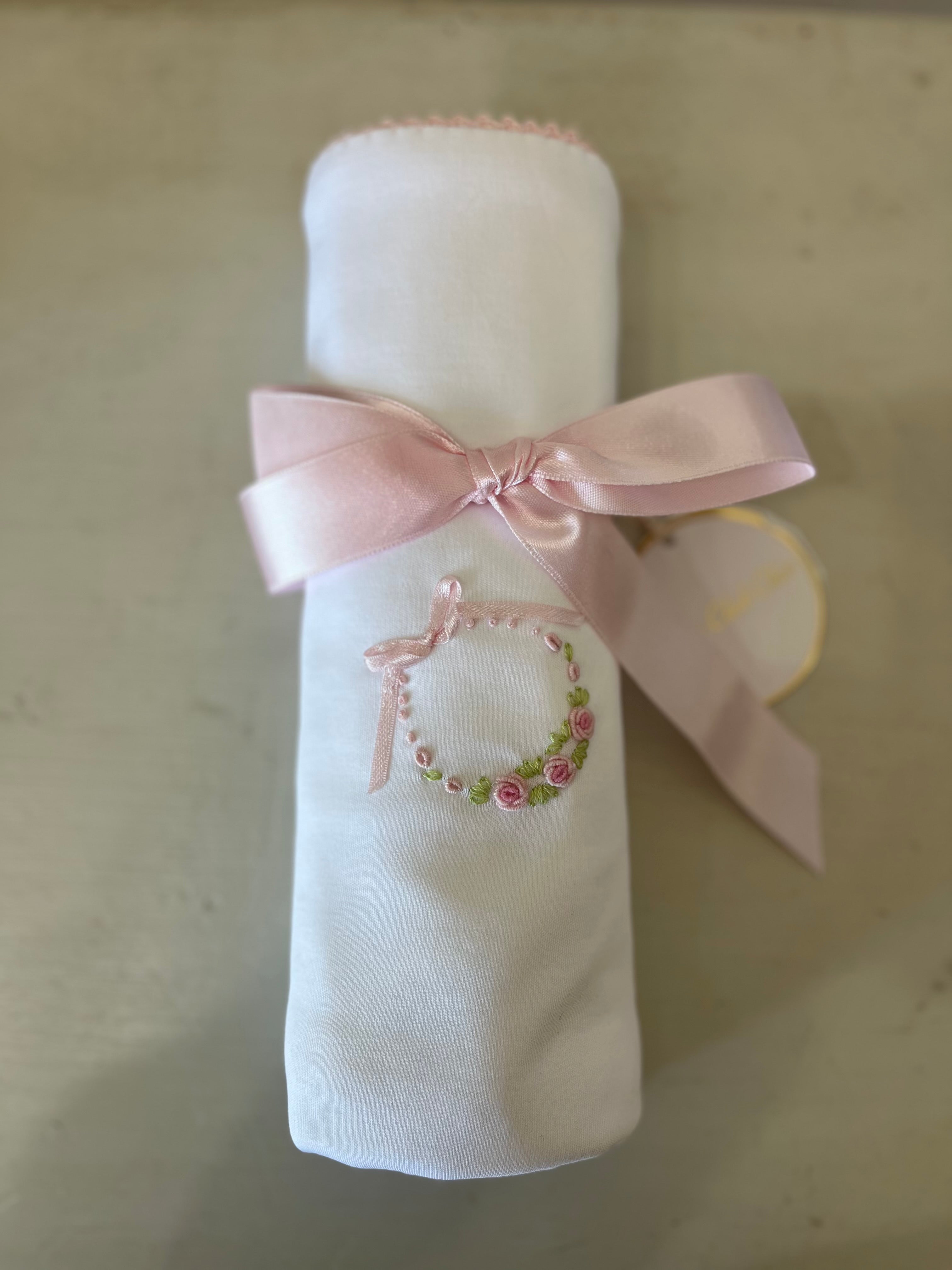 Bows And Roses Receiving Blanket With Crochet Trim
