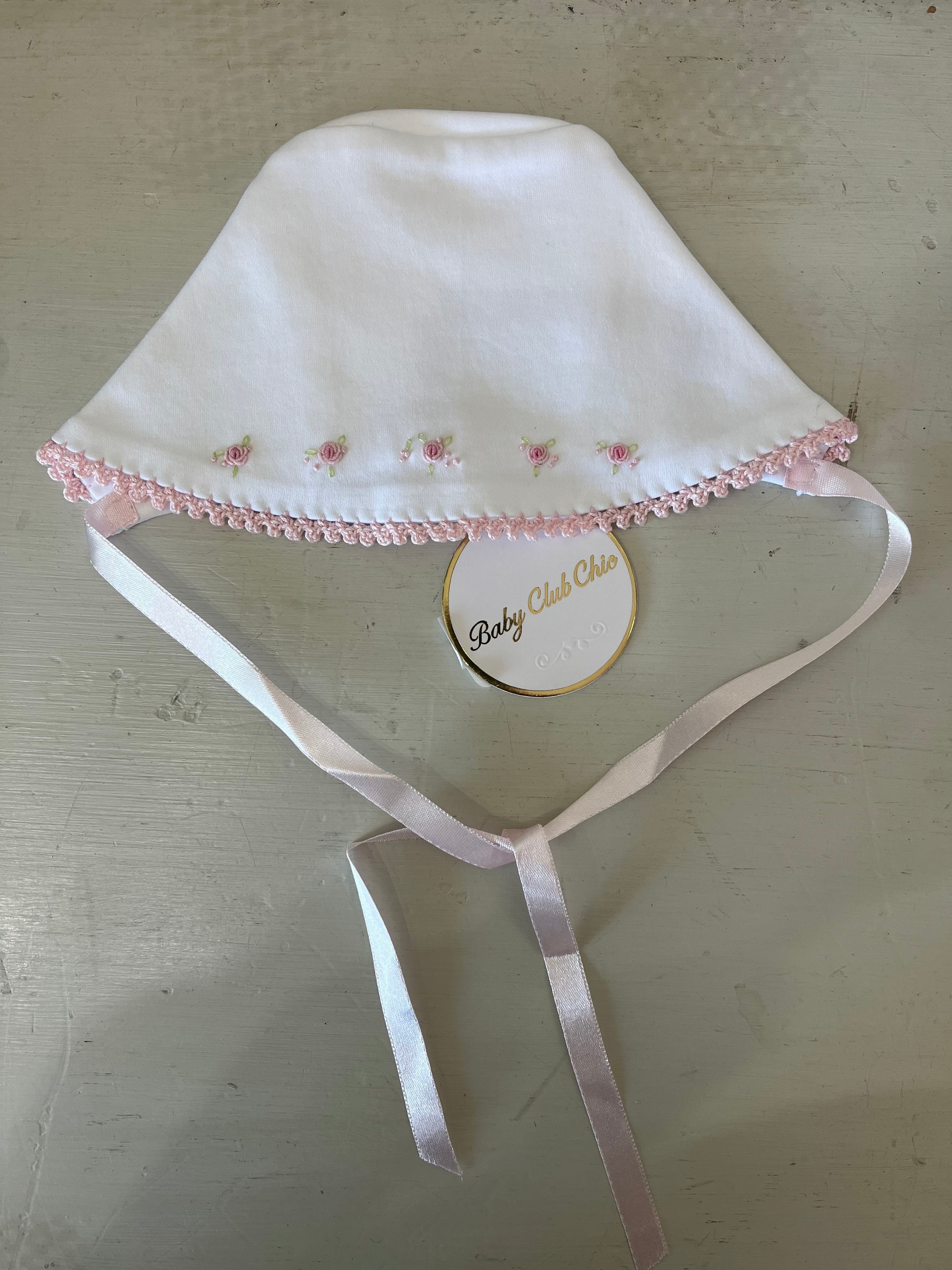 Bows And Roses Bonnet With Crochet Trim
