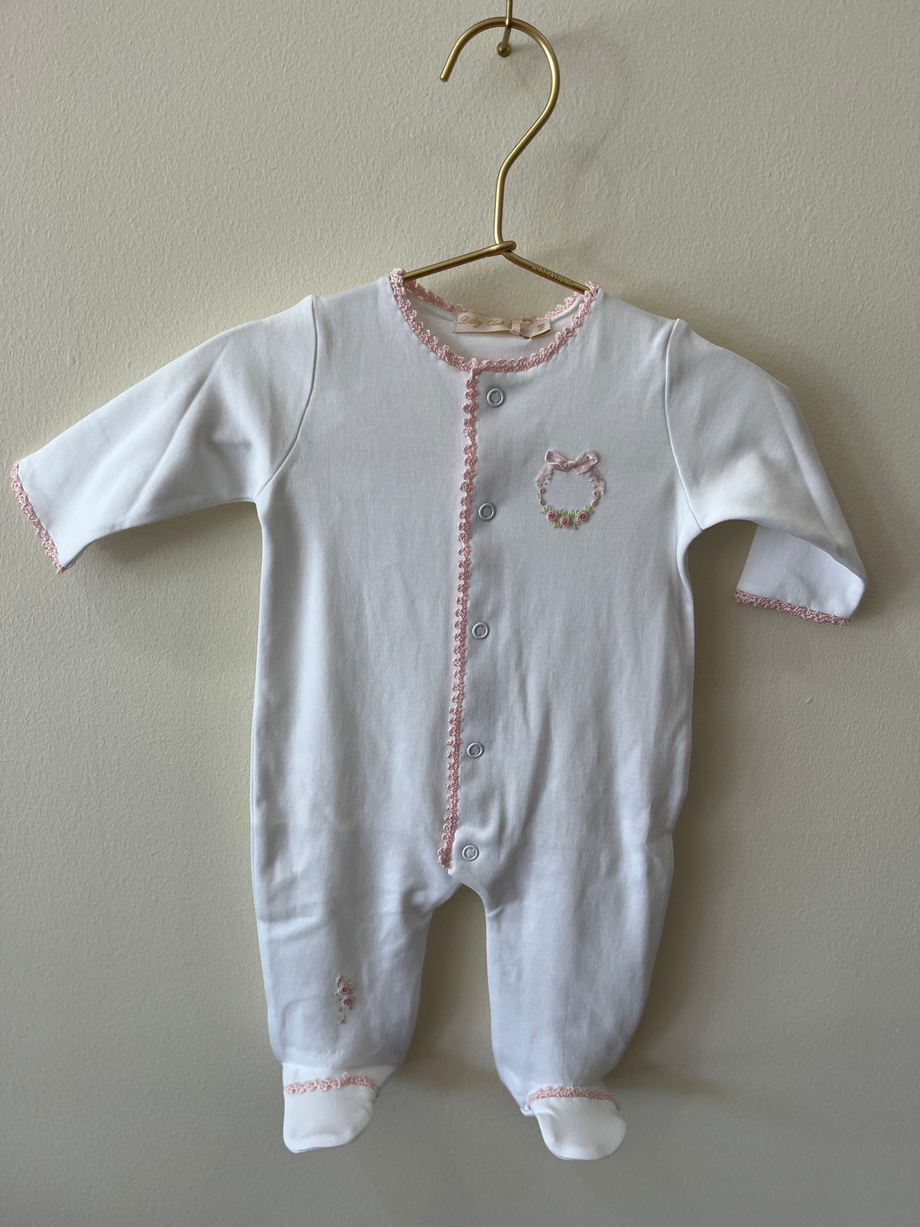 Bows And Roses Footie With Crochet Trim