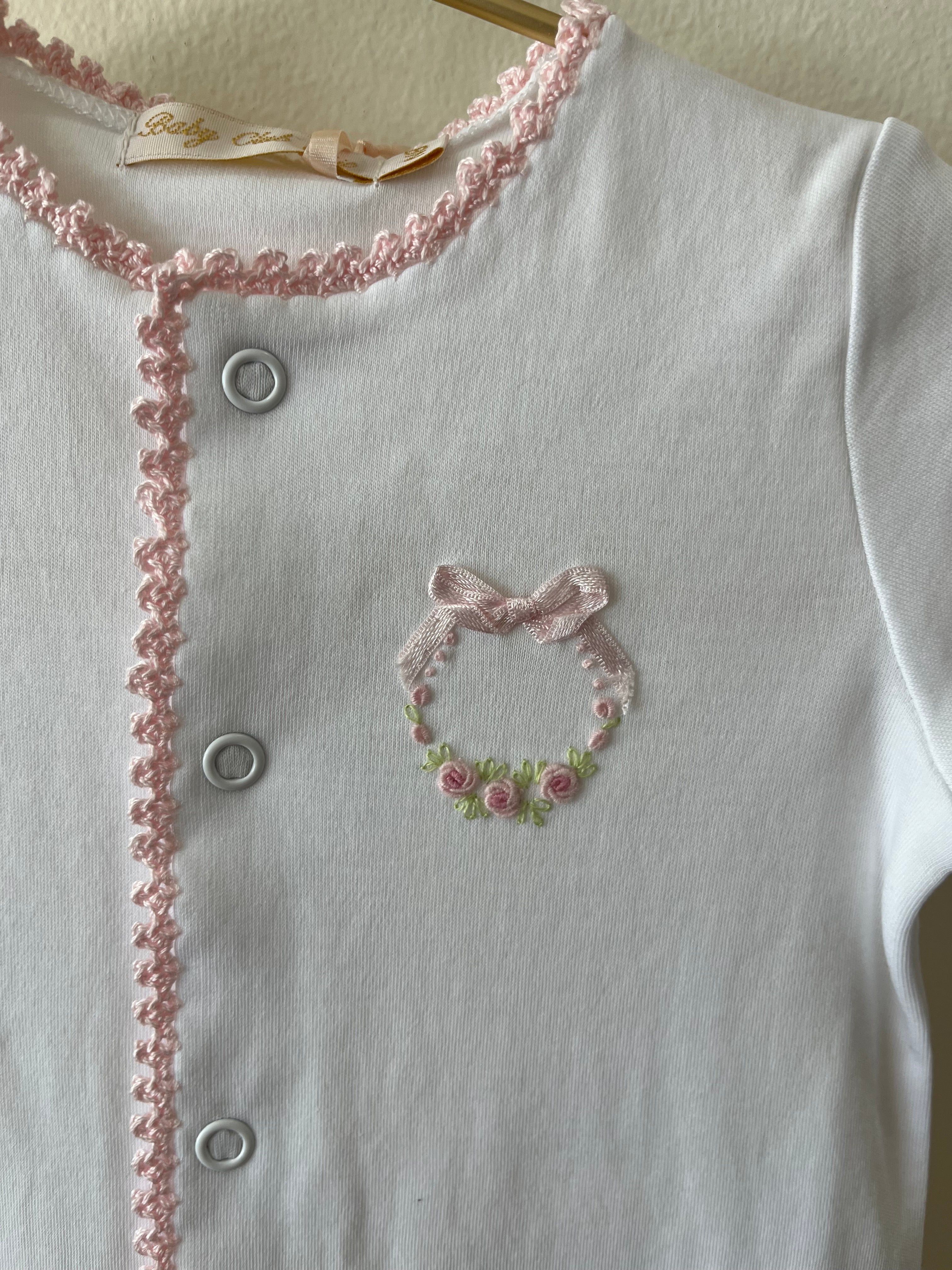 Bows And Roses Footie With Crochet Trim