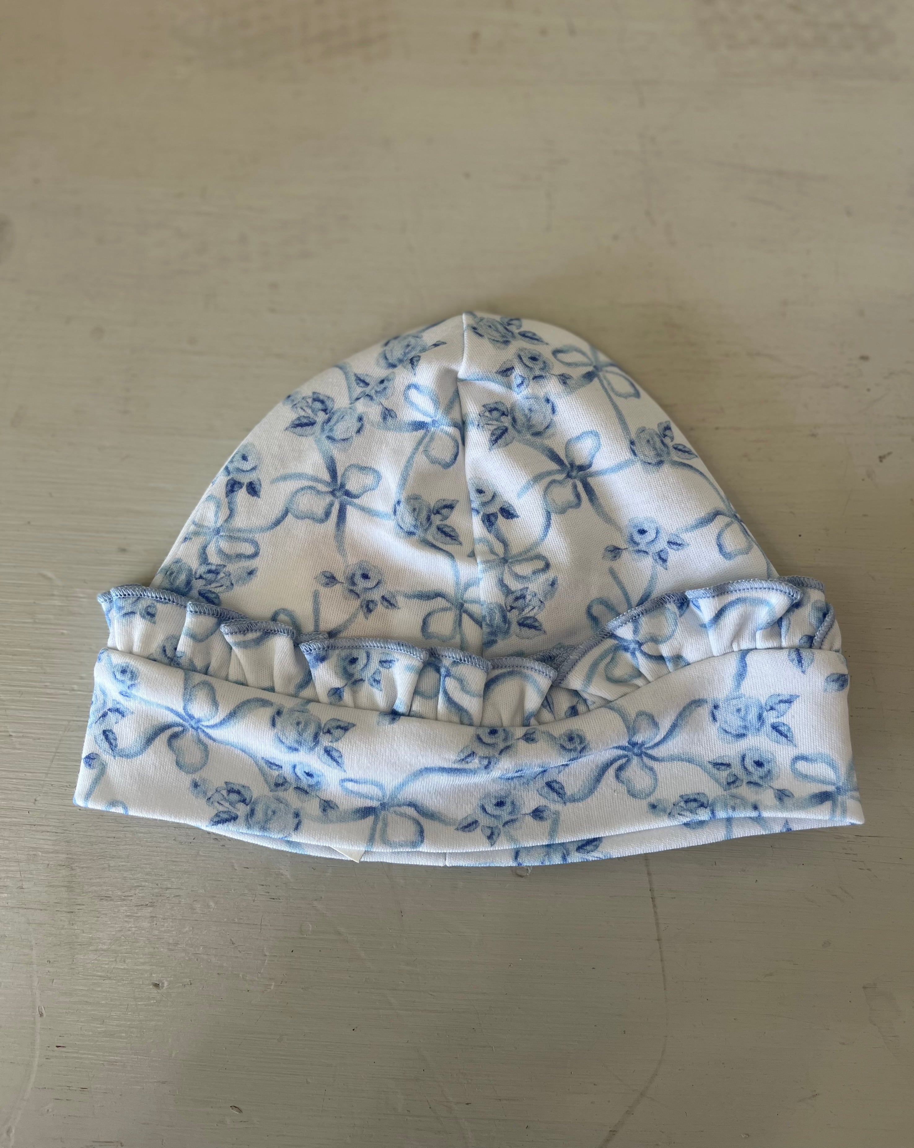 Blue Romantic Toile Hat With Ruffle