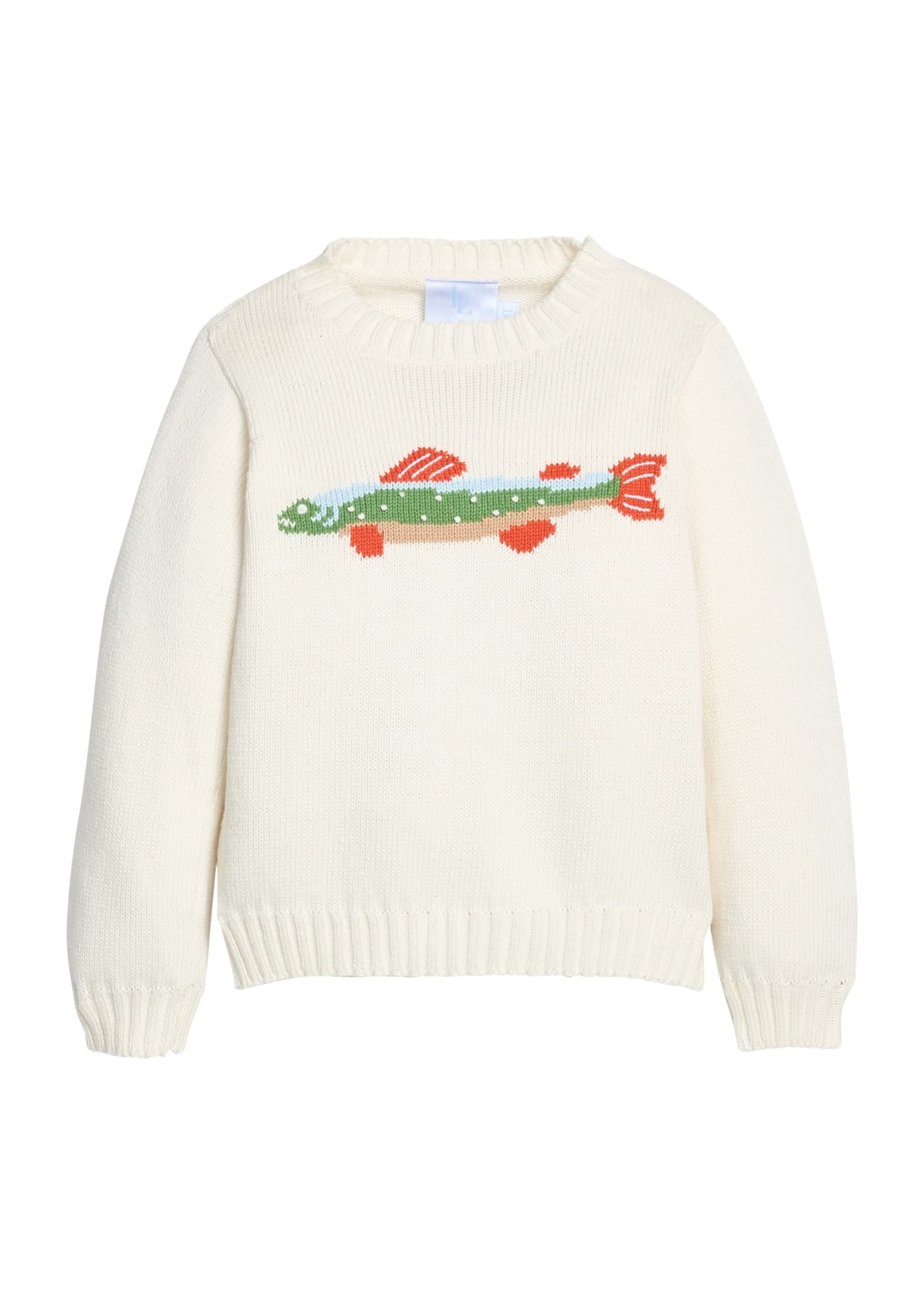 Little English cream crew neck intarsia sweater with brook trout motif for boys