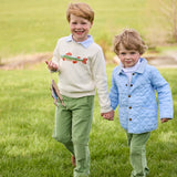 Boy wearing Little English Intarsia Sweater in Brook Trout layered over a Long Sleeve Polo in Light Blue Stripe with Watercress Corduroy Pull On Pants