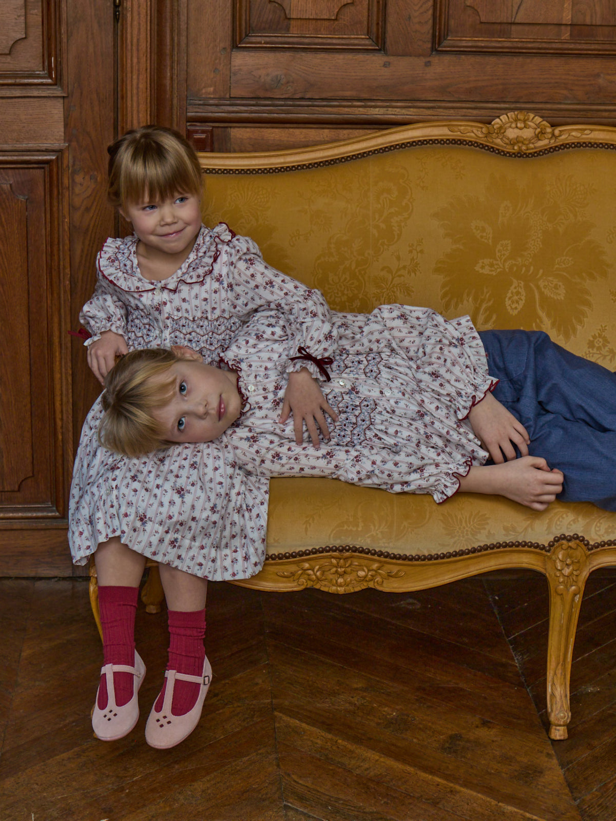 Burgundy floral smocked dress by Kidiwi, Adeline style
