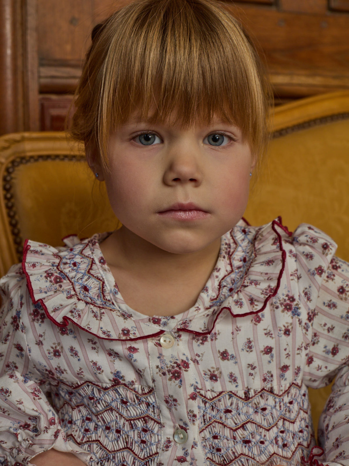 Kidiwi Adeline smocked dress, hand-smocking detail in burgundy floral