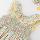 Kidiwi Mélina Smocked Dress - Coral Yellow Floral Print
