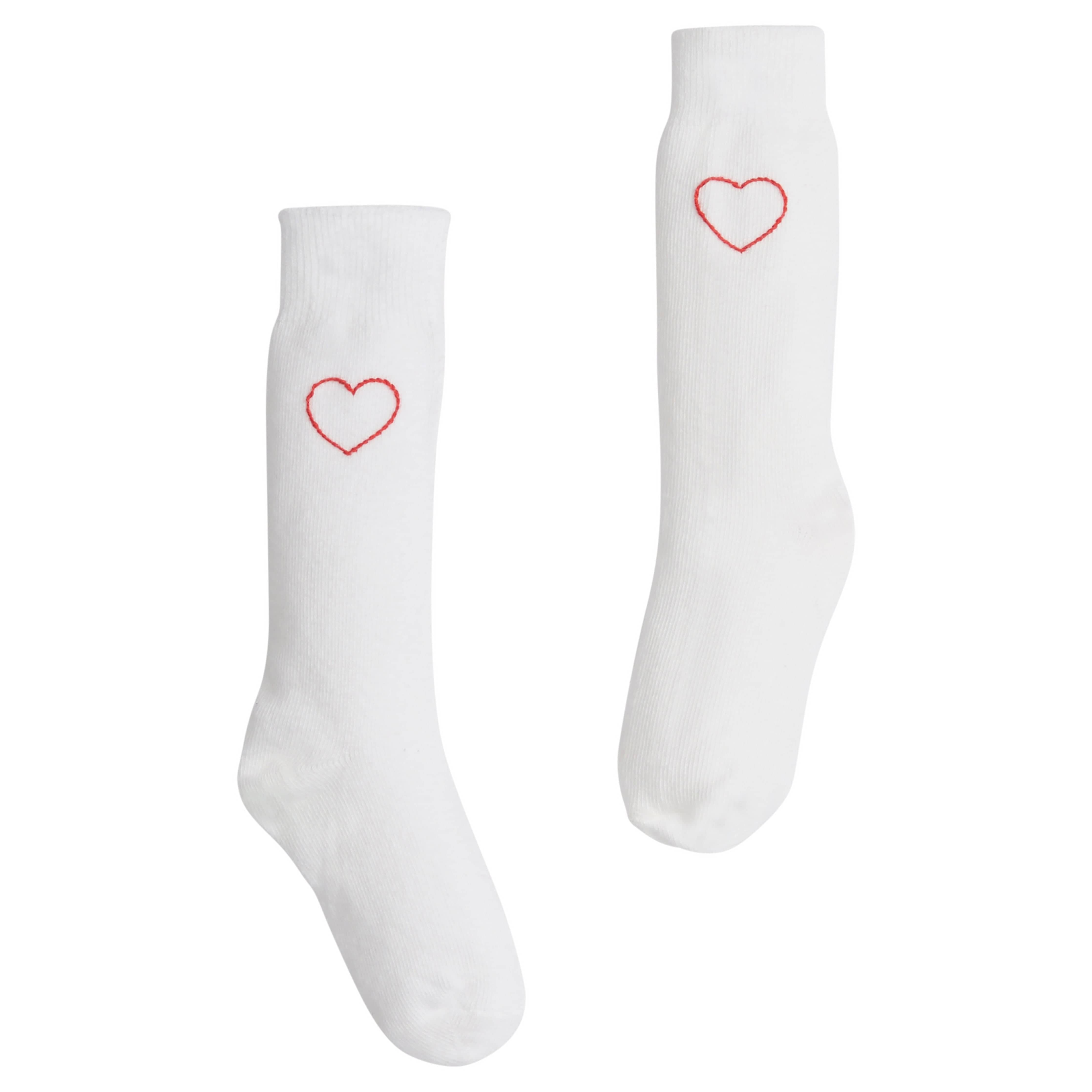 Little English Knee Highs in Red Hearts — white cotton knee high socks with red embroidered hearts