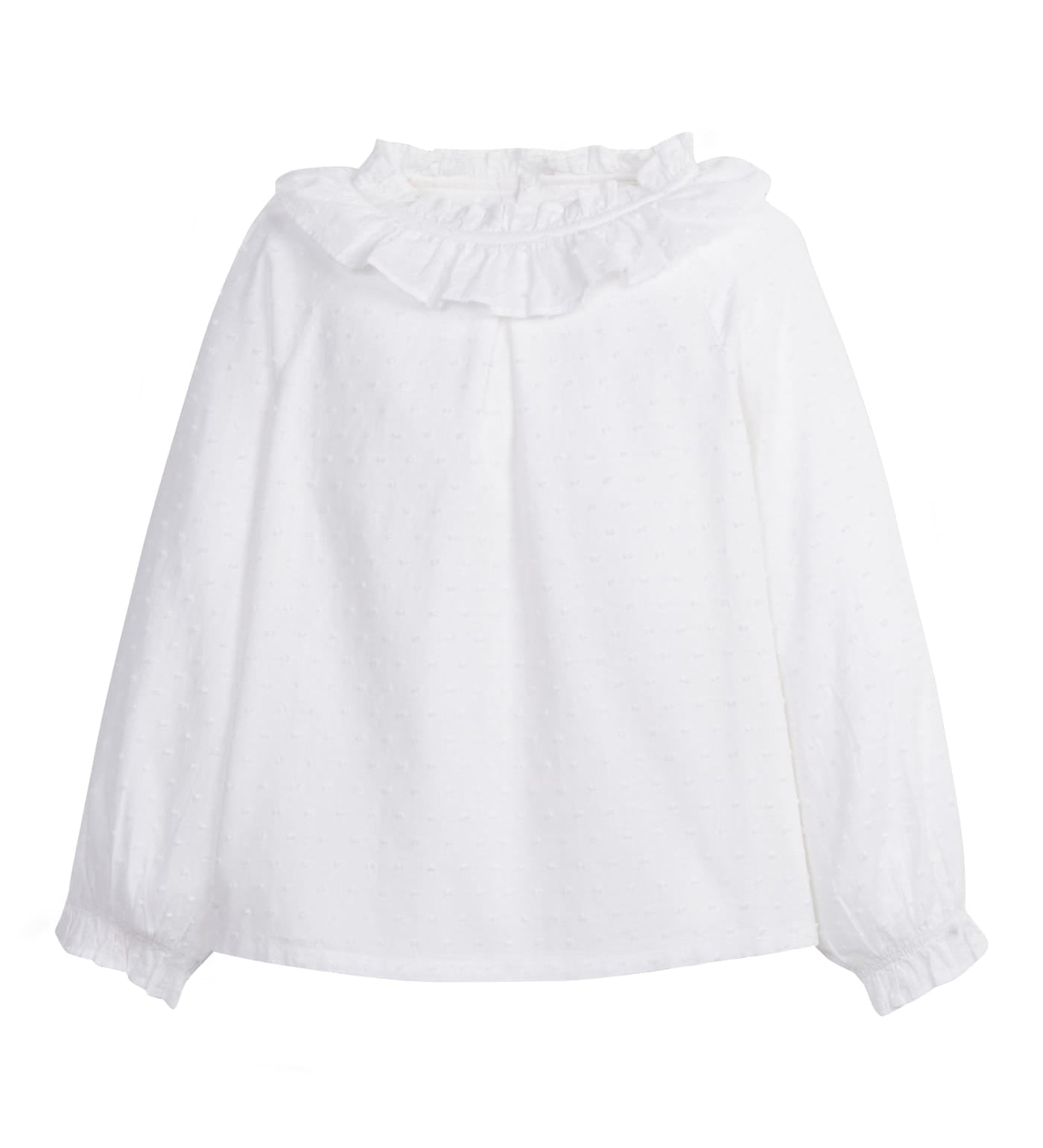 Little English Lauren Blouse in Ivory — ruffled ivory blouse with swiss dots for girls