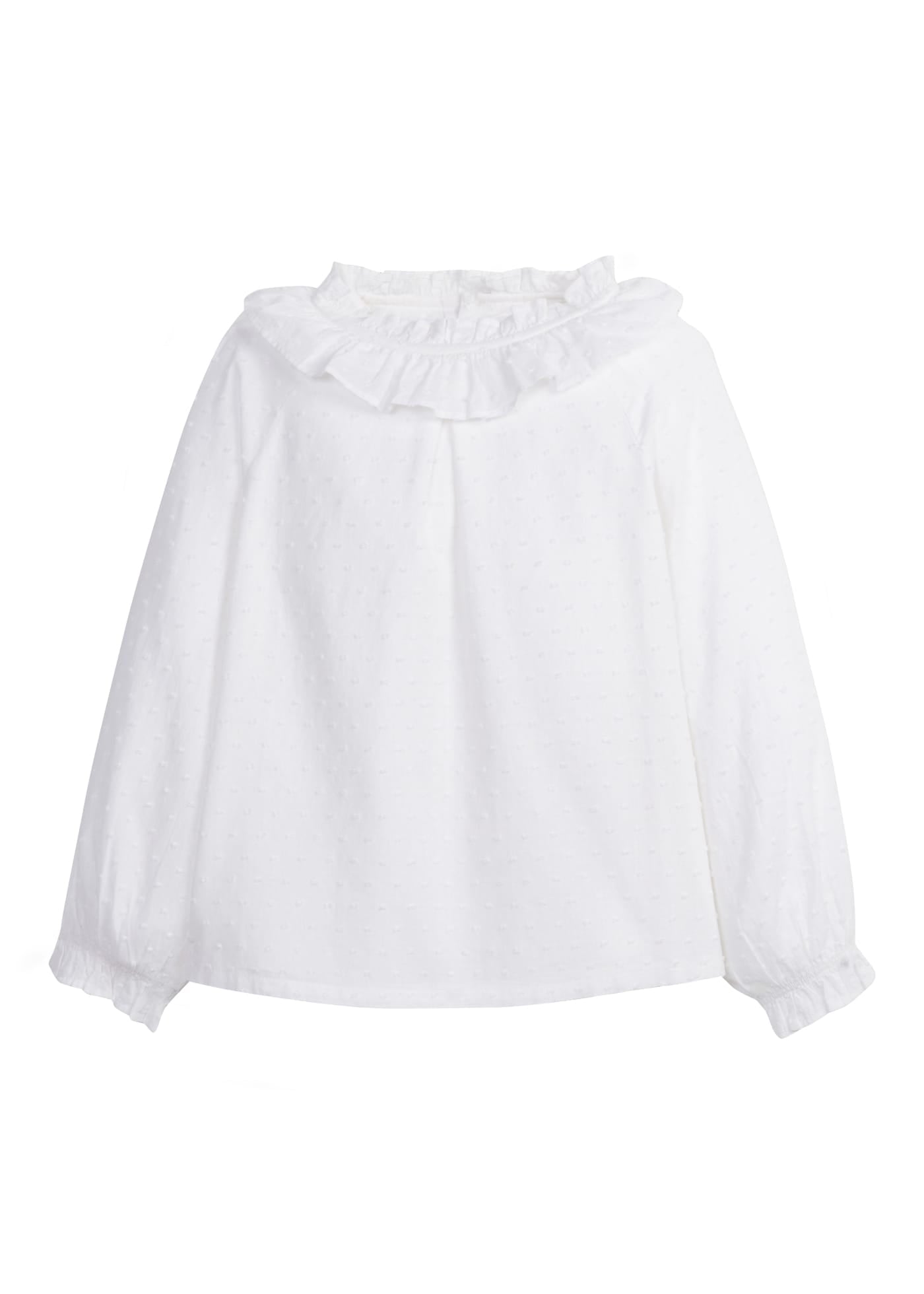 Little English Lauren Blouse in Ivory — ruffled ivory blouse with swiss dots for girls
