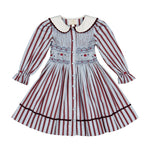 Antoinette Paris Marine stripe blue and burgundy smocked dress