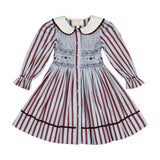 Antoinette Paris Marine stripe blue and burgundy smocked dress