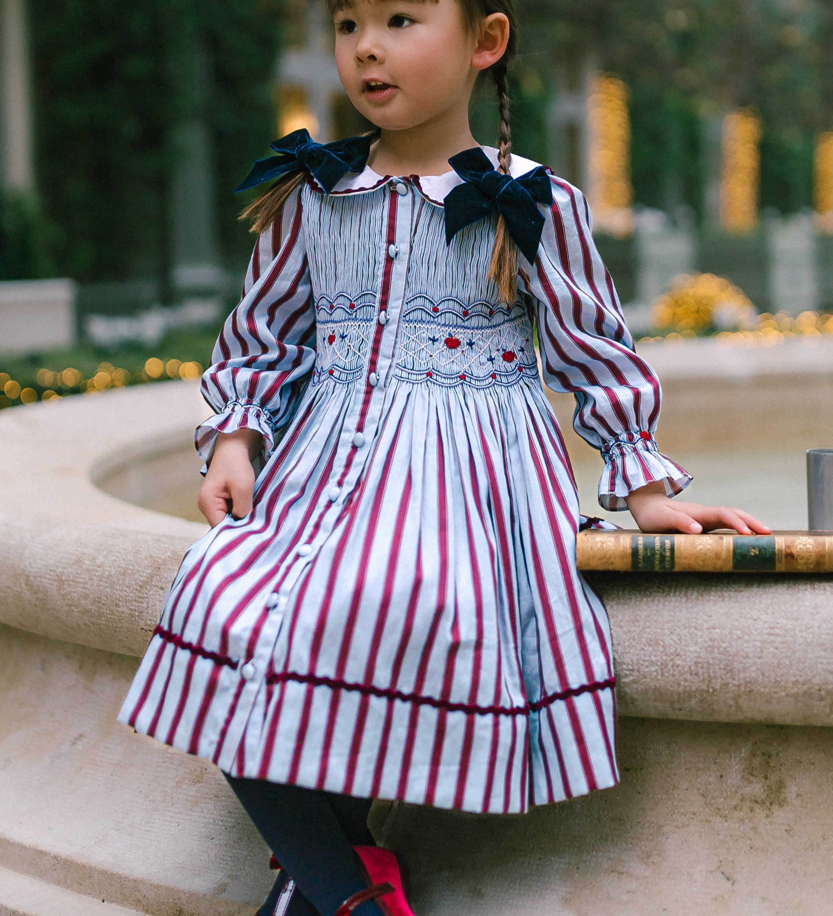 Antoinette Paris Marine stripe blue and burgundy smocked dress