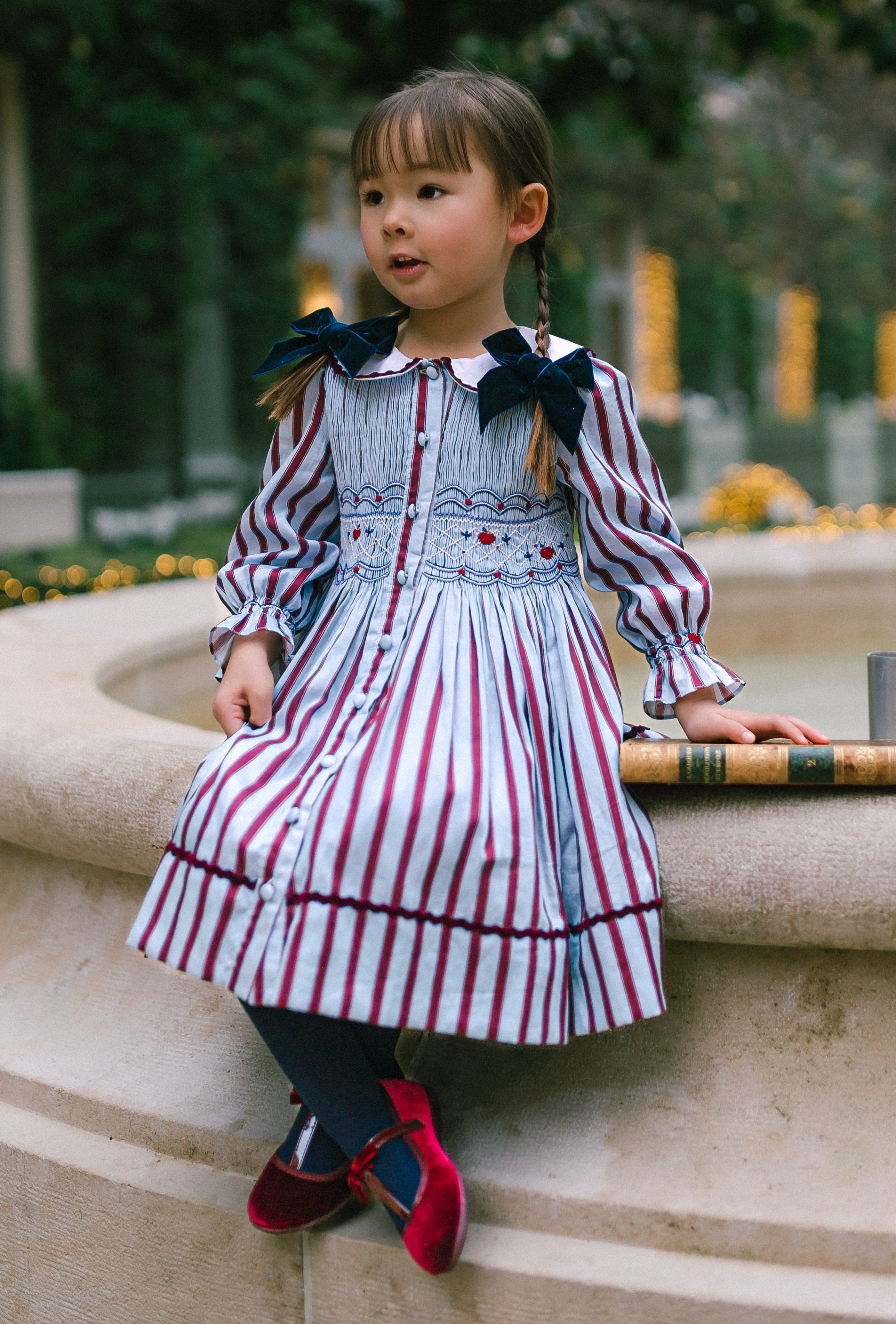 Antoinette Paris Marine stripe blue and burgundy smocked dress