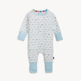 Magnetic Me Airplanes modal convertible coverall in white with a blue vintage airplane print