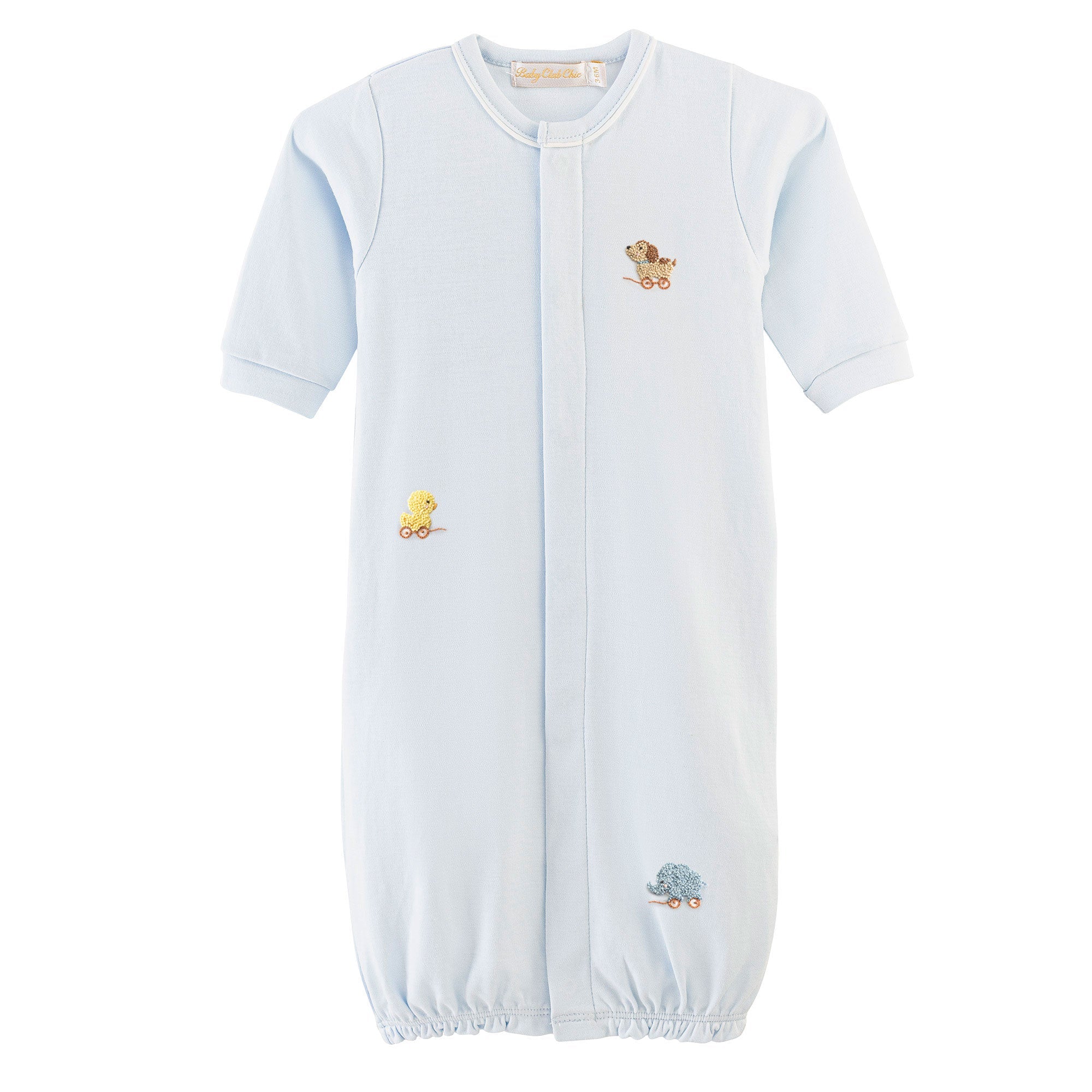 Baby Club Chic sweet toys embroidered pima convertible gown with piping trim in light blue