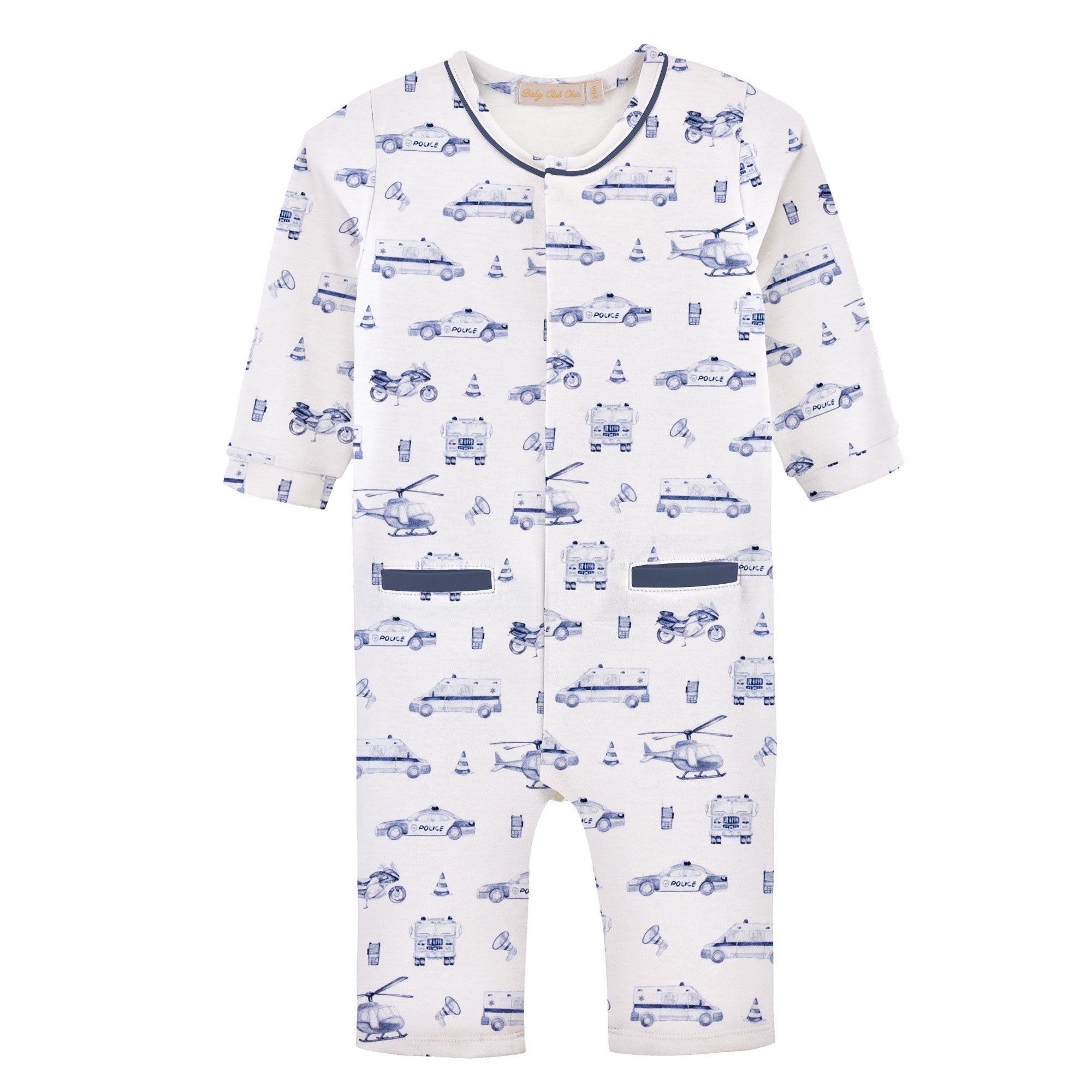 Baby Club Chic rescue riders printed pima playsuit with piping