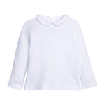 Little English Peter Pan Picot Shirt in White — long sleeve white cotton shirt with peter pan collar and white picot trim