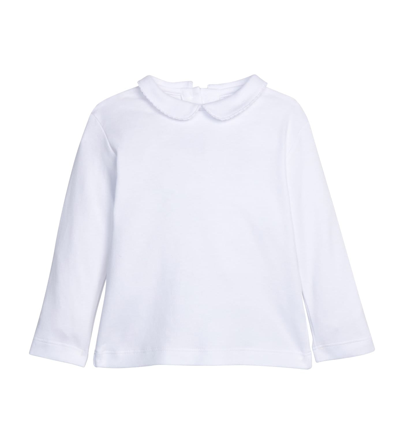 Little English Peter Pan Picot Shirt in White — long sleeve white cotton shirt with peter pan collar and white picot trim